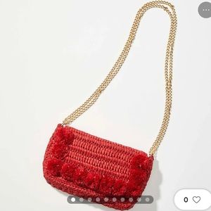 LOFT Red Pom Pom Straw Bag